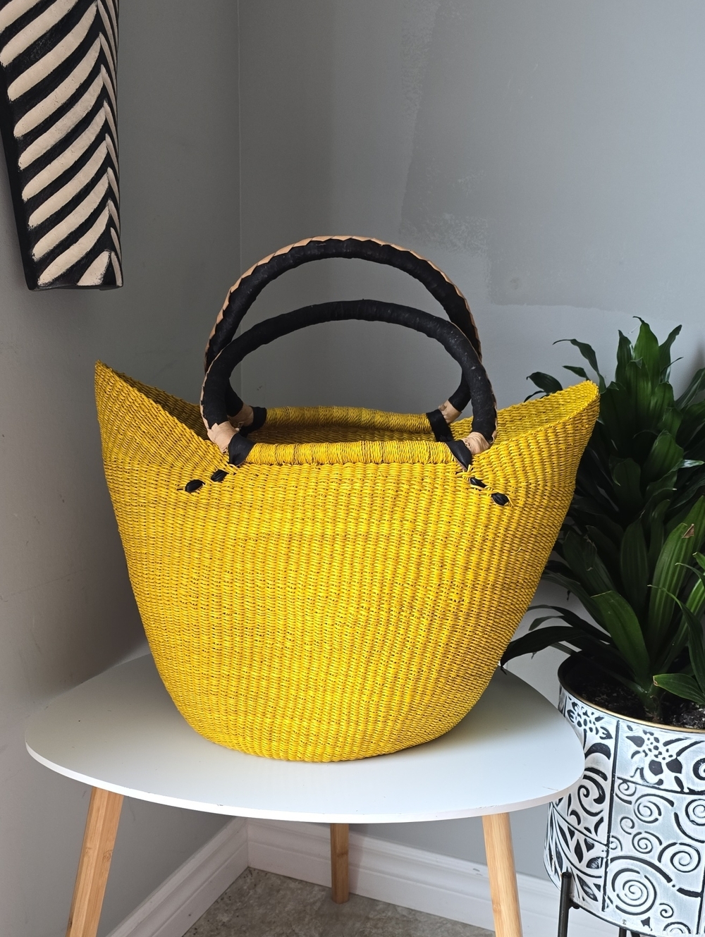 120Handwoven Yellow Strorage Bag with Black Handles